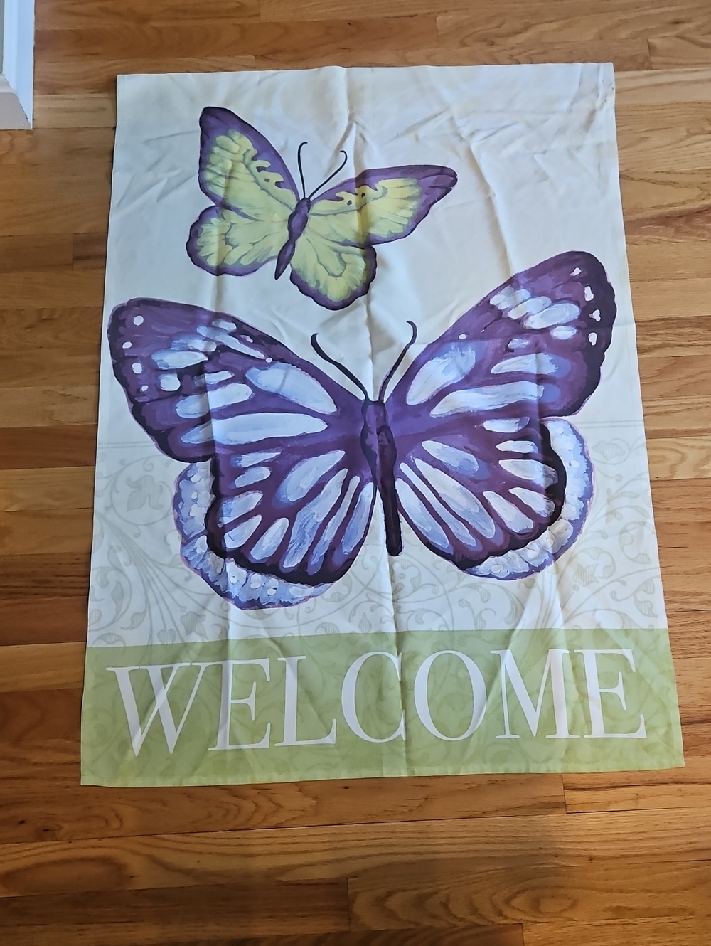 Butterfly Welcome Outdoor Flag in Purple and Green